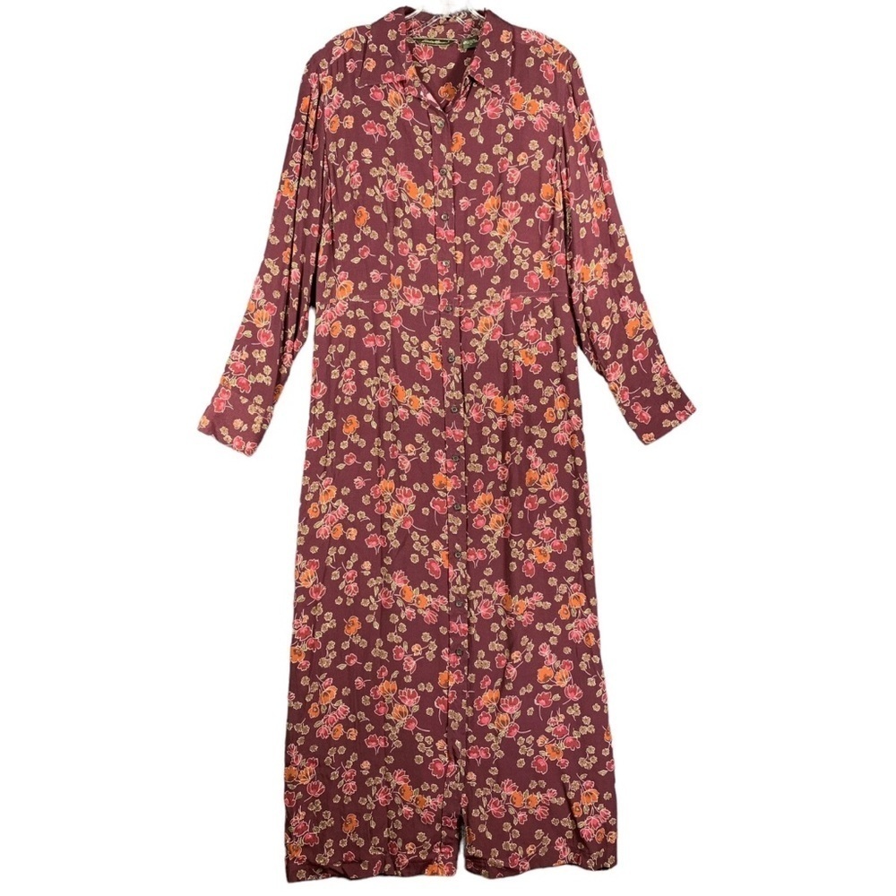 Vintage Eddie Bauer Floral Shirt Dress Womens PS Button Front Pockets red brown